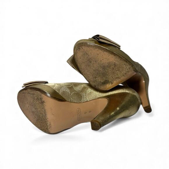 Coach Daisey Gold Platform Heels w/ Satin Bow, Peep Toe, Mono Logo, Women's 9B - Picture 12 of 12